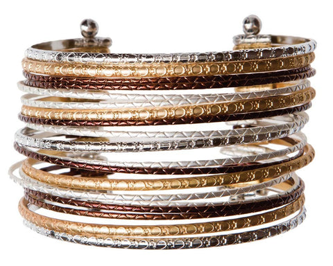 Copper, Gold and Silver Stacked Textured Cuff Bracelet