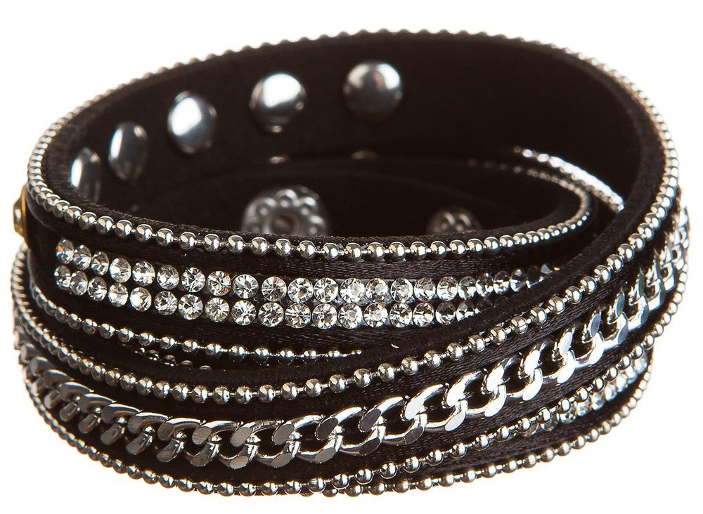 Metallic Leather Crystal & Rhinestone Leather Wrap Bracelet (GRAY OR BLACK)