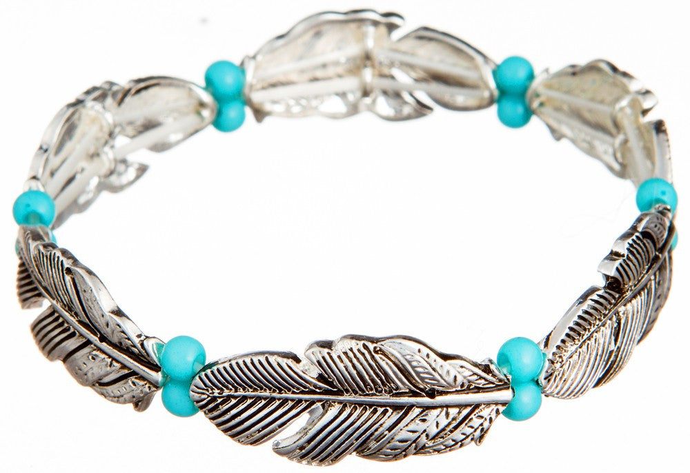 Silver Feather w/ Turquoise Beads - Stretch Bracelet